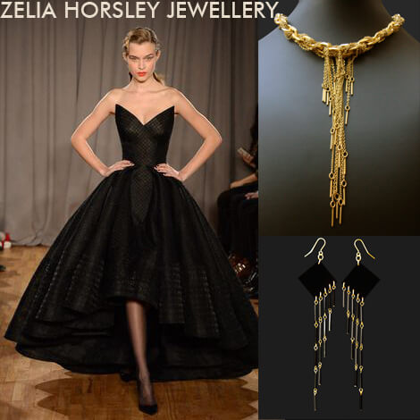 AW14 Zac Posen Black gown with Zelia Horsley Jewellery London's Needles & Treads necklace in gold and Shards Earrings